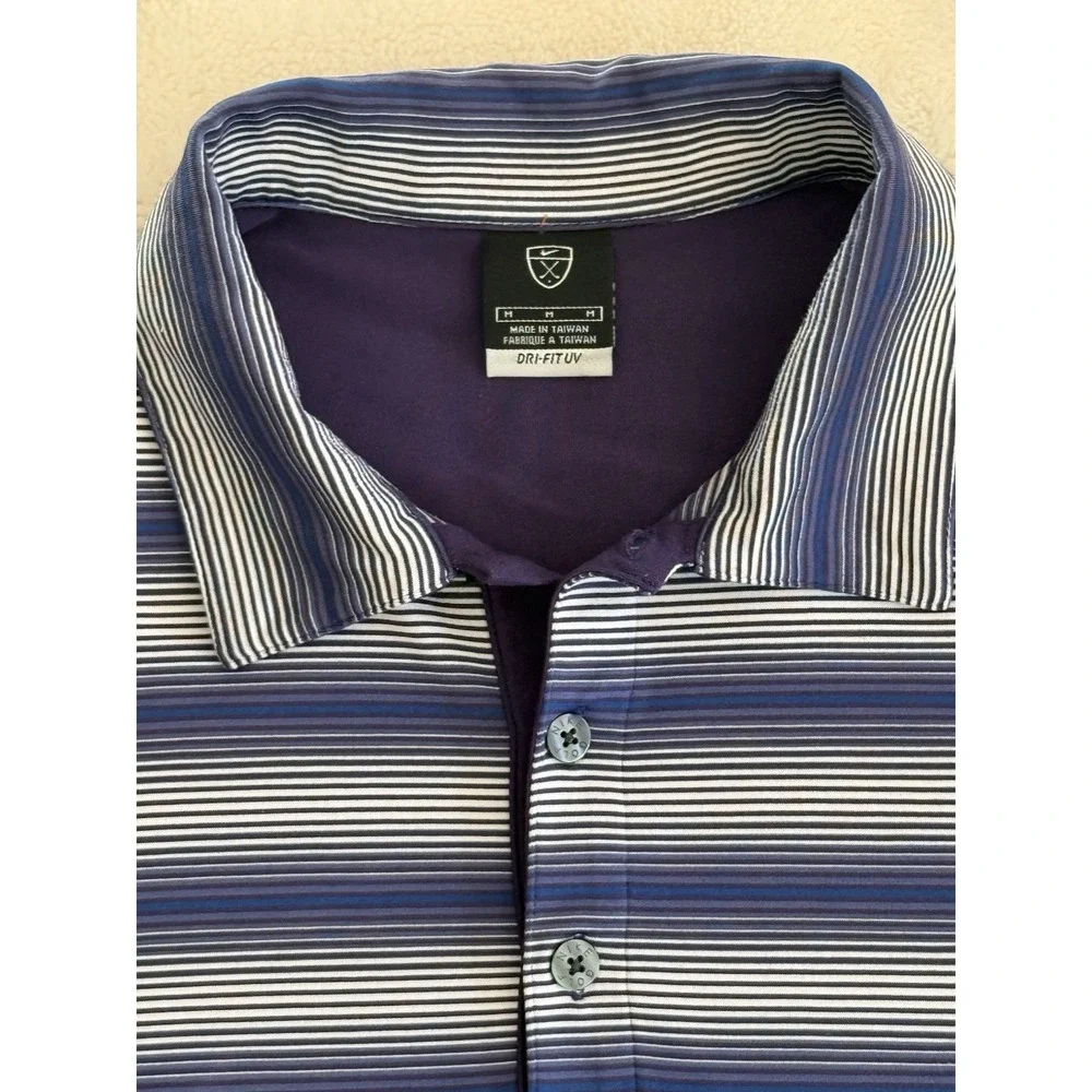 NIKE Dri-Fit UV Protection Men's M Short Sleeve Golf‎ Polo Purple White Stripes